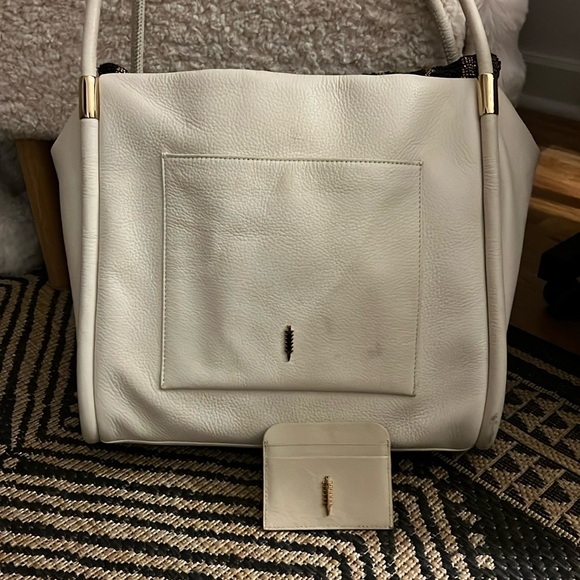 Thacker Eggshell Gold Terry Tote Work Bag Purse Cream Leather w/ Wallet - Picture 1 of 16